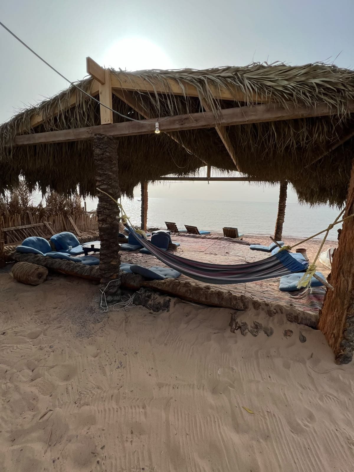 Hammock suspended under palm shelter facing the sea
